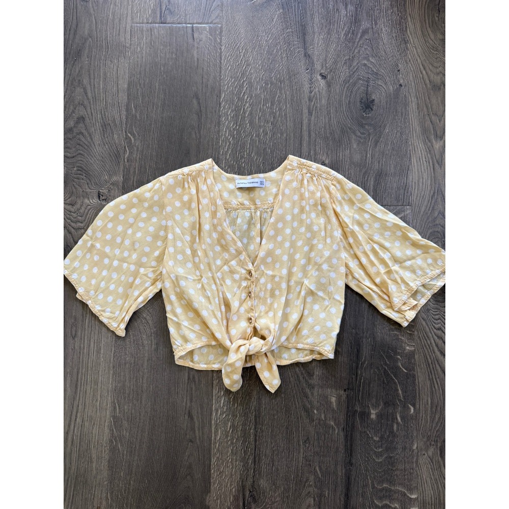 Faithfull The Brand Castilo Crop Top XS Yellow Polka Dot Rayon Tie Front EUC